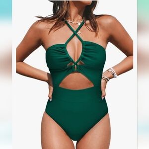One Piece Swimsuit Plunge Neckline Cutout Criss Cross Sz S‎ green